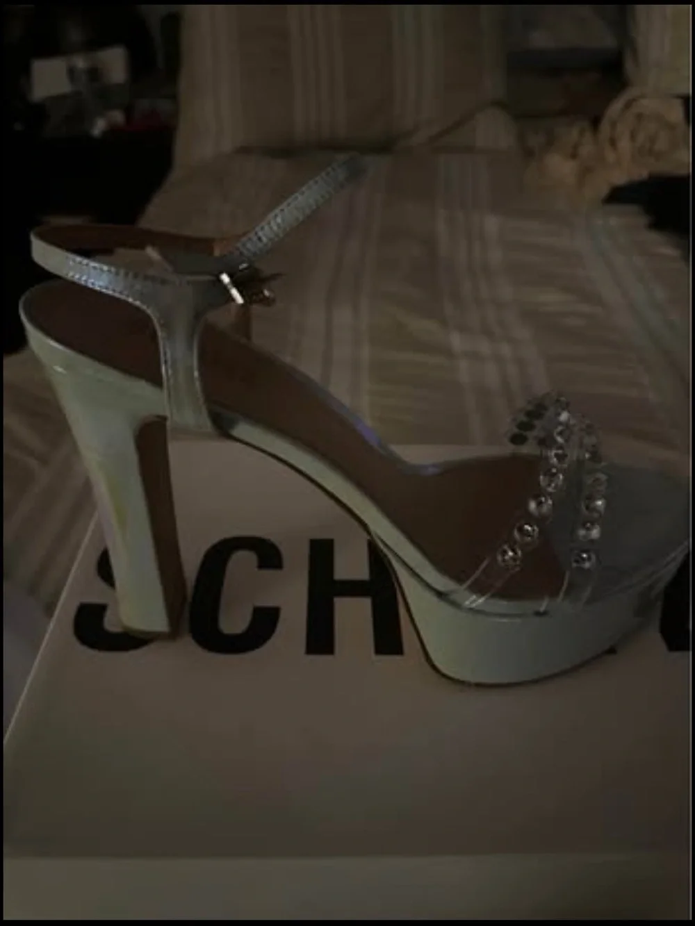 SCHUTZ Iridescent White Platform Sandals with Rhinestone Chain Straps